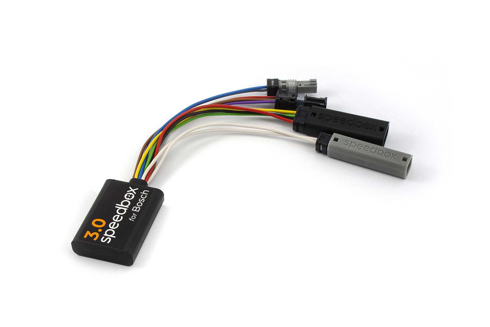 SpeedBox 3.0 module for Bosch e-bike tuning with color-coded connectors and adjustable speed limit removal