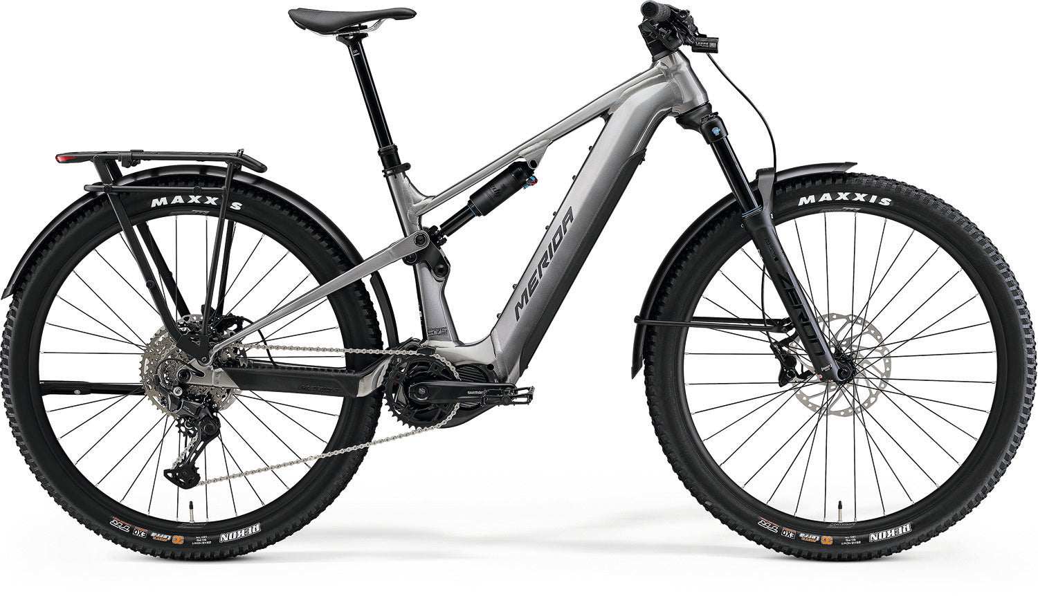 merida e-one forty metallic gray mountain bike, 29-inch wheels, 2025 aluminum frame.