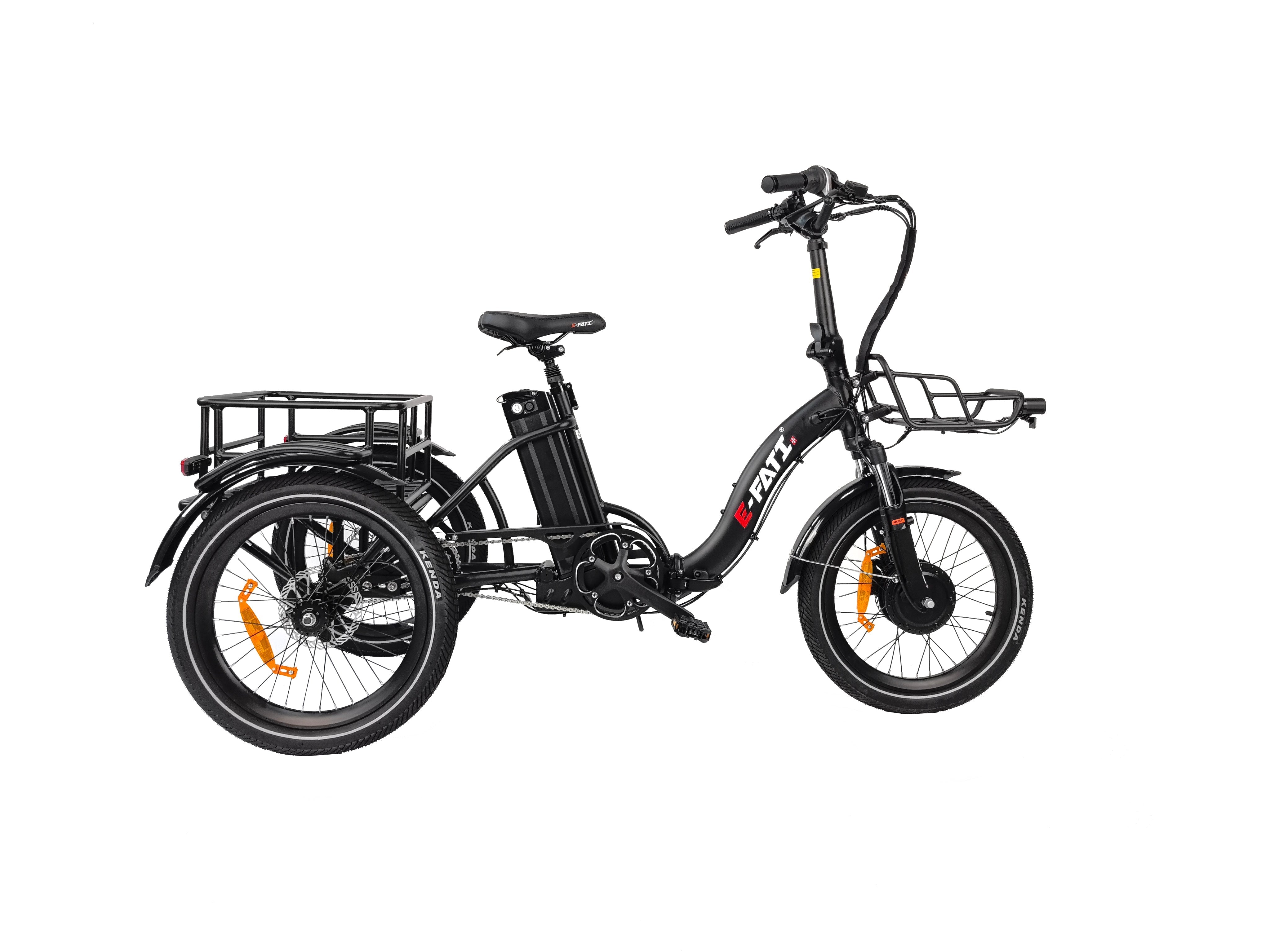 E-FATI TSU black folding electric tricycle with suspension, designed for comfort and manoeuvrability.