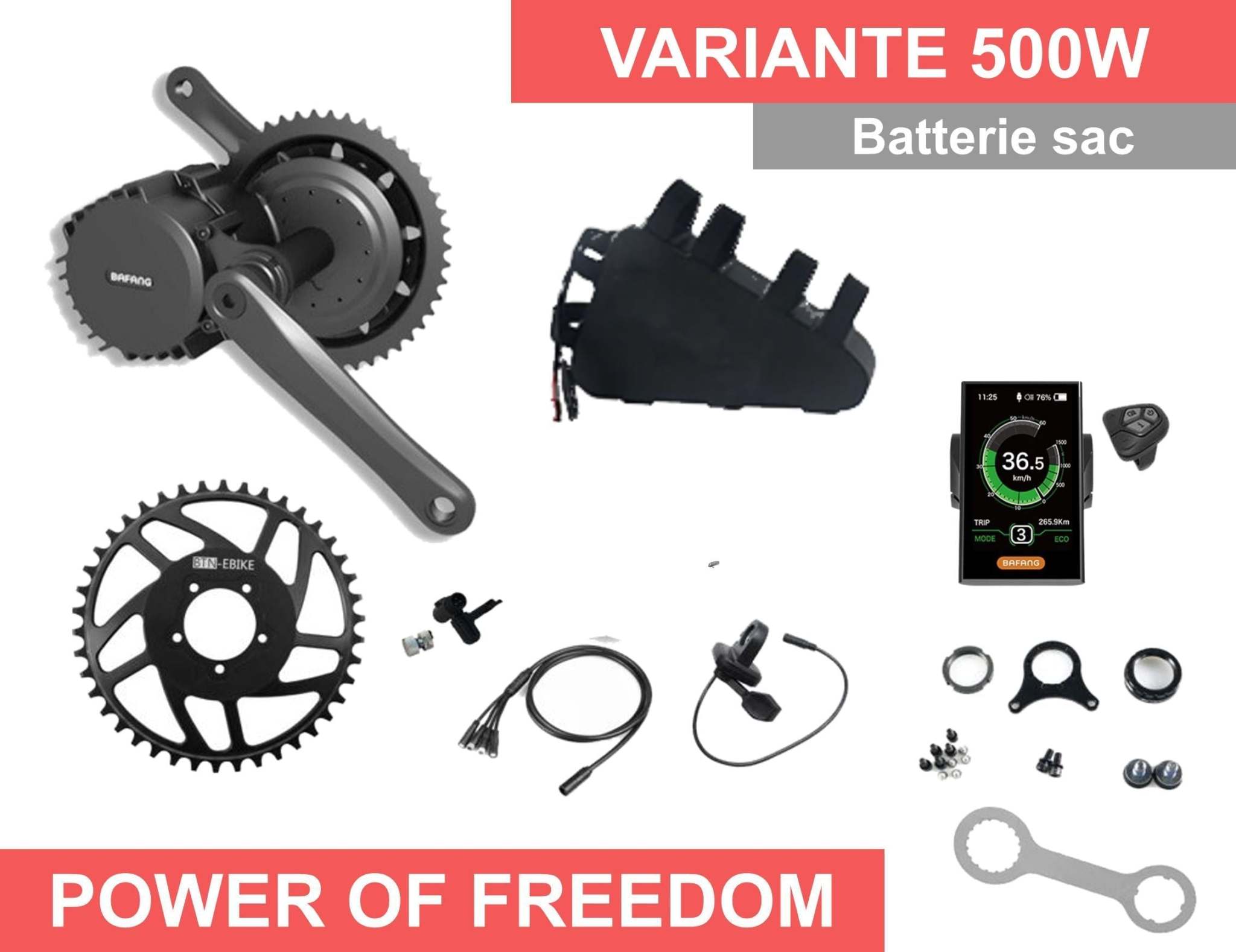 Complete 500W electric kit with central motor and bike accessories.