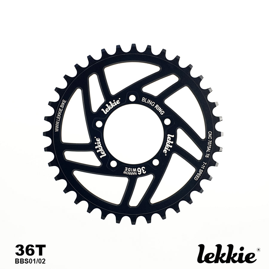 Lekkie 36T BLINGRING chainring for 250w-750w motor, designed for Central Bafang systems.