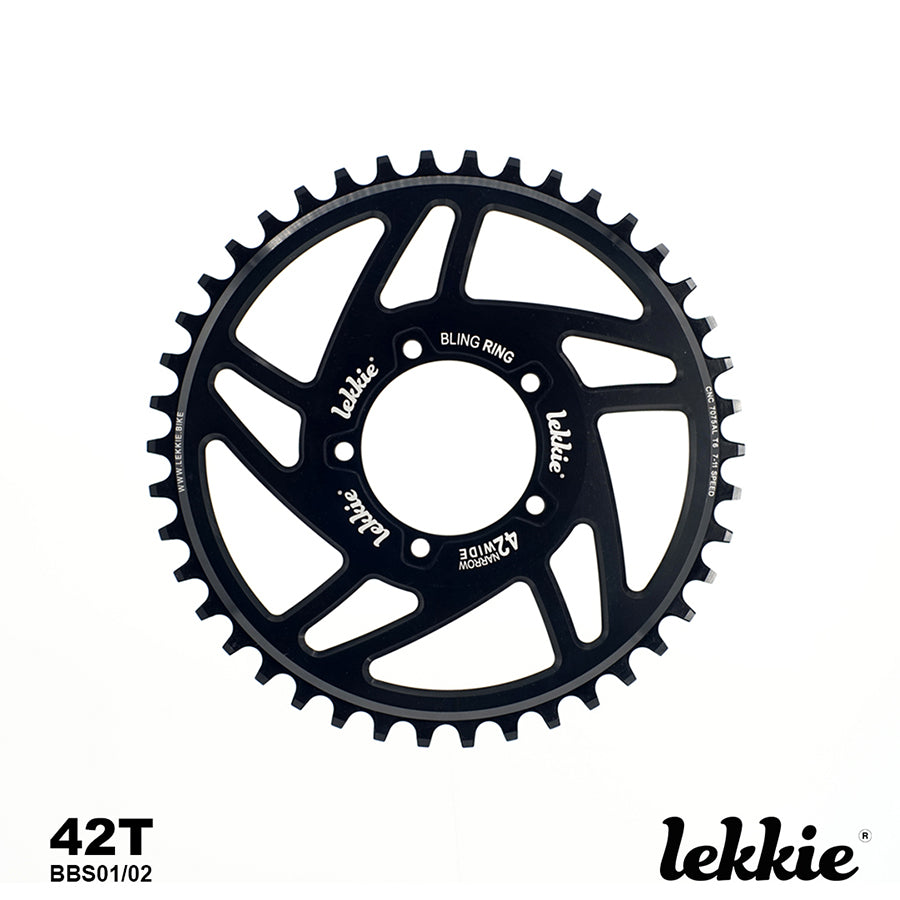 Lekkie Blingring 42T offset chainring for 250w-750w motor systems, durable 7075 alloy, enhanced aesthetics.